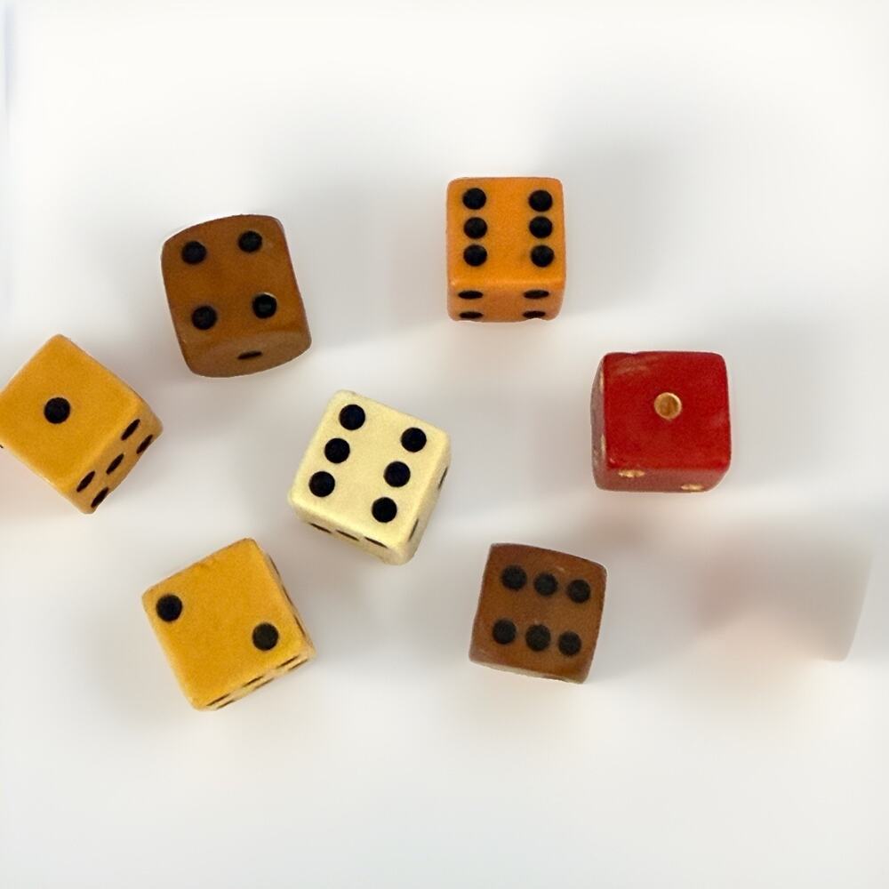 7 Vintage Bakelite Catalin Dice Lot Mixed Colors Butterscotch Red Cream Tested